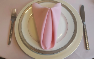 cream colored plates with gold trim and a pink napkin for catering